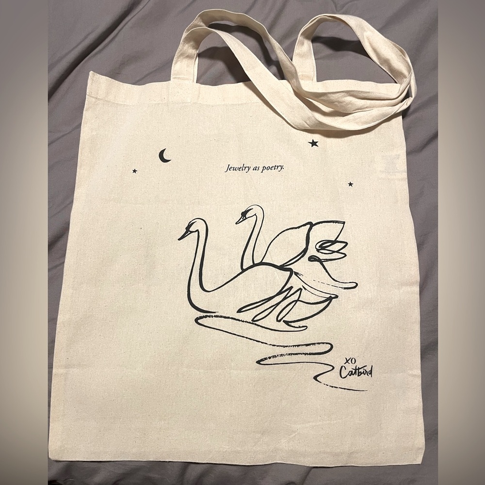 CATBIRD NYC Cotton Tote Bag 14" x 15" ‘Jewelry as Poetry’ Swan Heart Tote Bag